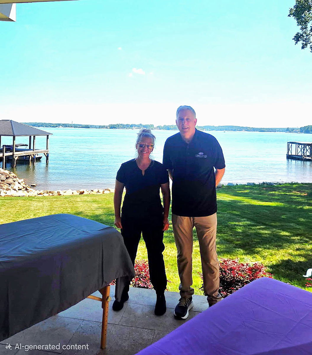 charity-event-tega-cay-golf Massage Therapists pictured at massage tables overlooking lake